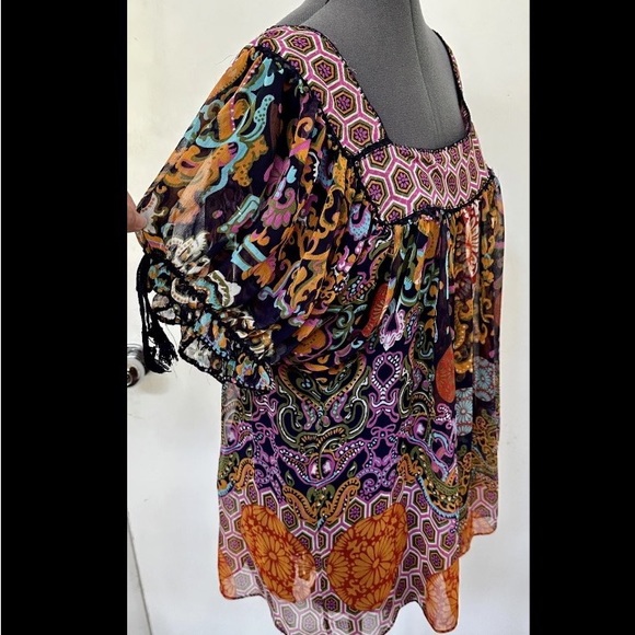BOHO ECI New York POLYESTER CHIFFON PEASANT SMOCK TOP CAMISOLE LINING XL HIPPIE - Picture 3 of 5